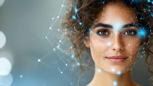 Woman's face overlaid with digital web of lines and glowing nodes