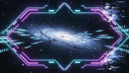 Abstract space scene with animated frame and binary code elements - Powered by Adobe