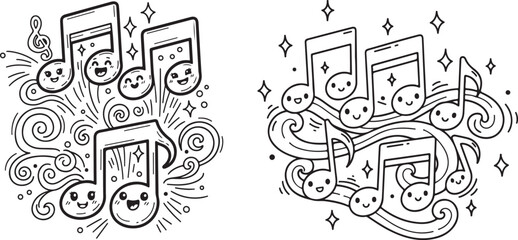 Cute Kawaii Doodle Music Notes with Happy Faces and Swirling Lines
