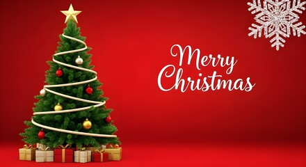 Festive christmas tree with gifts and merry christmas greeting on red background