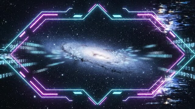 Abstract space scene with animated frame and binary code elements