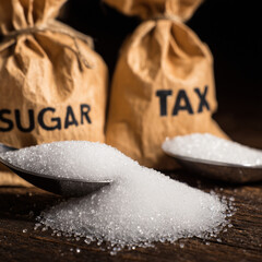 Sugar tax concept with bags of sugar and spoons on wooden background