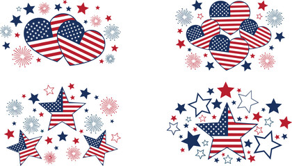 Patriotic American flag hearts and stars with fireworks, red white and blue celebration design perfect for Independence Day, July Fourth, and holiday art