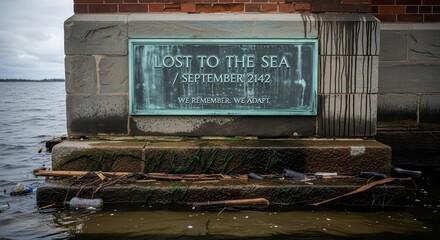 Obraz premium Commemorative plaque fixed to a stone building foundation near rising water levels shows a future date.