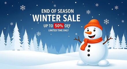 Get ready for winter savings with up to 50% off during our end of season sale, limited time only, featuring cheerful snowman character