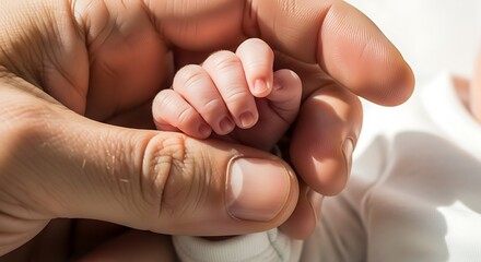 Tender embrace newborn baby hand held by adult parent finger protection love connection