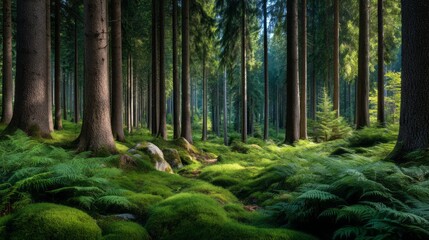 Fototapeta premium A forest with a lot of trees and a lot of moss. The moss is green and the trees are tall