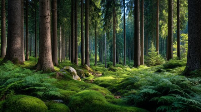 A forest with a lot of trees and a lot of moss. The moss is green and the trees are tall - Powered by Adobe