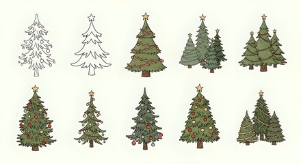 Obraz premium Collection of vintage christmas tree illustrations on a white background