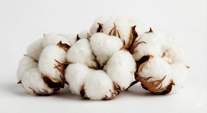 Close-up view of fluffy white cotton bolls with delicate brown husks isolated on a clean white background, natural texture.