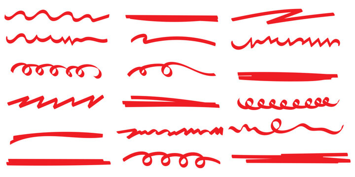 Red marker underline brush stroke set. Marker red pen highlights squiggle stroke. design element doodle scribble underline .