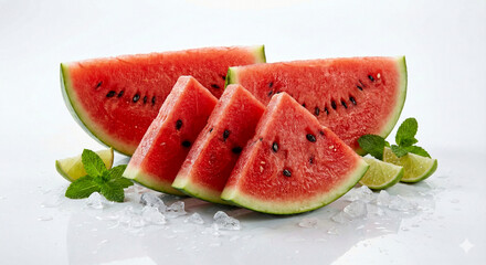 Refreshing watermelon slices with mint and lime wedges on ice, isolated with a white background, perfect for summer.