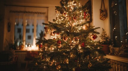 Fototapeta premium Cozy Indoor Christmas Tree Decorated with Lights and Ornaments, Creating a Warm Holiday Atmosphere