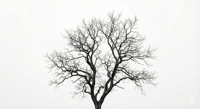 Striking monochrome silhouette of a bare tree with intricate branches against a stark white sky, symbolizing solitude and nature's dormant beauty.