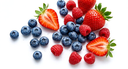 Ripe assortment of fresh blueberries, juicy raspberries, and sliced strawberries scattered on a clean white surface, healthy food.