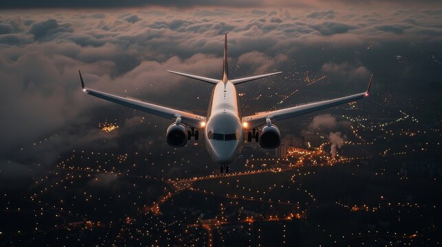Futuristic digital overlay of airplane approaching a cityscape at night with vibrant lights - Powered by Adobe