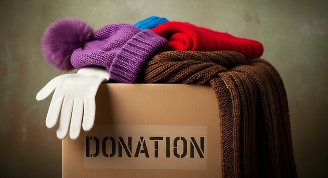 Donate warm winter clothing to charities and those in need during cold season with knit hats, gloves, and scarves in a cardboard box