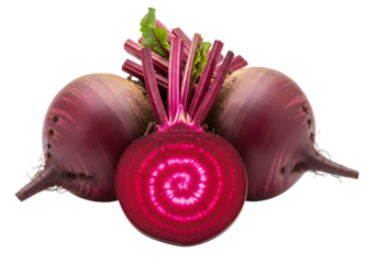 Three fresh beetroots, one sliced in half to show the vibrant concentric rings of its deep red interior, isolated on transparent background
