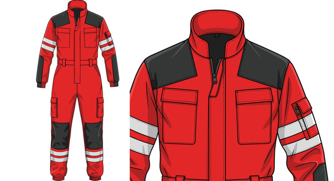 Detailed Technical Illustration of Red Paramedic Jumpsuit for Emergency Medical Technicians - Ideal for Healthcare Presentations, Industry Training, and Fashion Design Projects (Full Body & Detail Vie