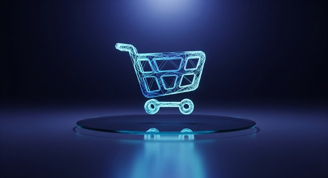 Digital shopping cart icon made from glowing lines floating above plate
