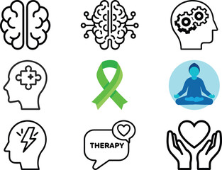 Hands Holding Heart Icon Vector Set&mdash; Outline Line Art Symbols Representing Care, Love, Support, Health, Charity, Protection, Mental Wellness, and Community Design