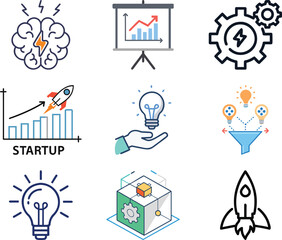 Business Innovation and Startup Icon Set Vector featuring Ideas, Lightbulbs, Growth Charts, Rocket Launch, Strategy, and Brainstorming Symbols for Project and Company Development