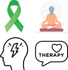 Mental Wellness Icon Set: Therapy, Meditation, Stress/Idea, and Green Ribbon for Mental Health Awareness, Counseling, Mindfulness, and Psychological Support