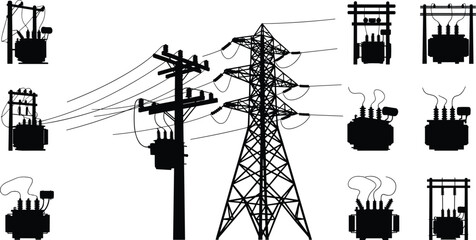 Electrical grid silhouettes featuring high voltage transmission tower, utility pole, and transformer collection vector illustration.