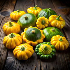 group of yellow and green pattypan squash on dark