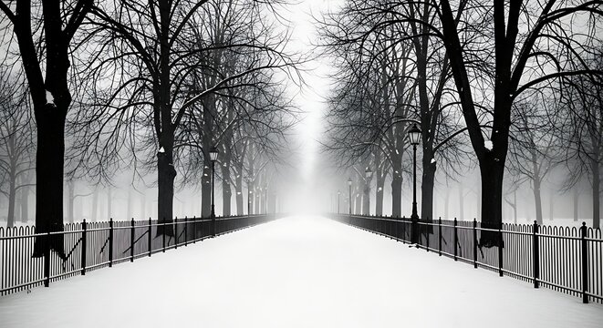 Experience a serene winter wonderland with snow-covered trees and a peaceful path leading into the misty distance, perfect for seasonal designs - Powered by Adobe