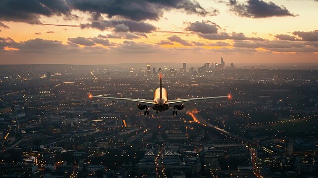 Airplane approaching a city skyline at night with a high tech digital overlay display