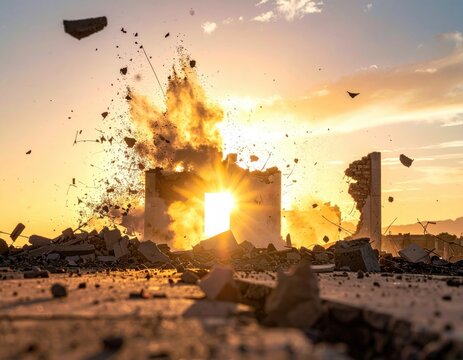 Building explosion with dust, debris, and bright sunlight