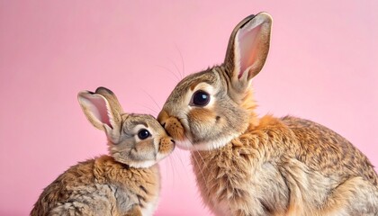 Obraz premium Affectionate bunny mother gently nuzzling her baby, a heartwarming moment of maternal love