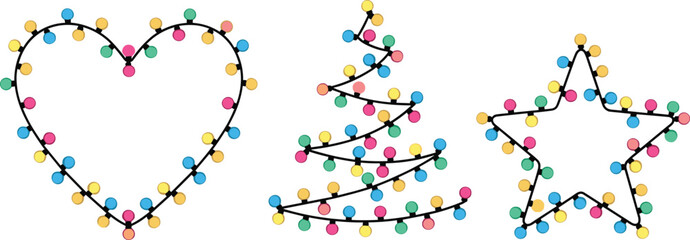 Festive heart, Christmas tree, and star shapes decorated with colorful holiday string lights, cheerful winter illustration for seasonal celebration designs, decorations