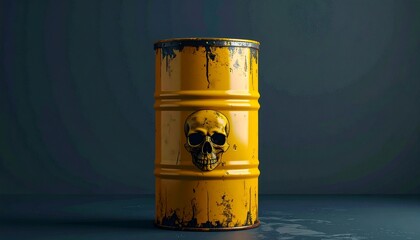 Dramatic studio shot: Yellow barrel with skull logo, depicting hazard and warning