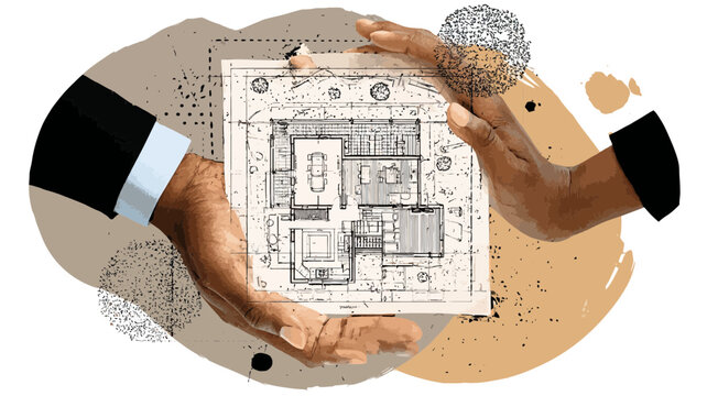 Conceptual image of hands presenting architectural blueprint with a brain, symbolizing intelligent design, innovation, and strategic planning. - Powered by Adobe