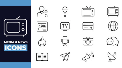 Media and News Broadcasting Outline Icons – Journalism, TV, Communication, and Press Vector Set