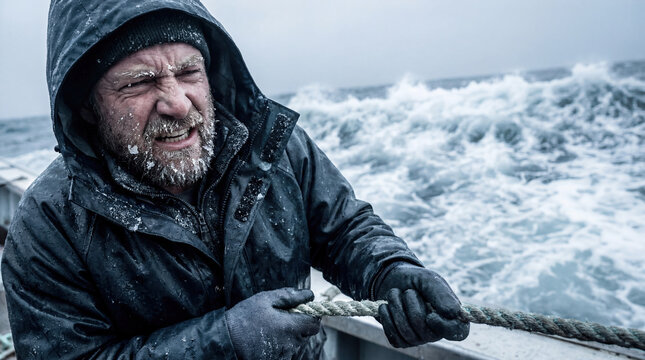 Crab fisherman on boat deck storm icy water danger catch crab pot heavy labor marine industry seafood harvest extreme condition ocean wave cold occupation male struggle vessel north sea