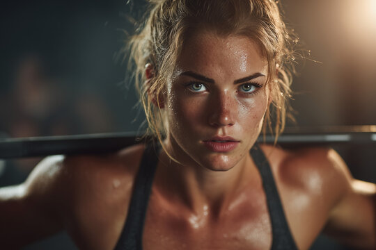 Focused young athletic woman lifting a barbell on her shoulders in a gym, sweaty and intense under dramatic lighting, symbolizing strength, determination, and dedication to fitness.