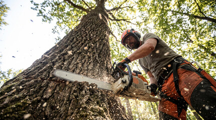 Lumberjack cutting big tree with chainsaw in forest wood industry timber logging worker sawdust flying helmet protection heavy labor nature outdoor occupation equipment dangerous machinery harvest 
