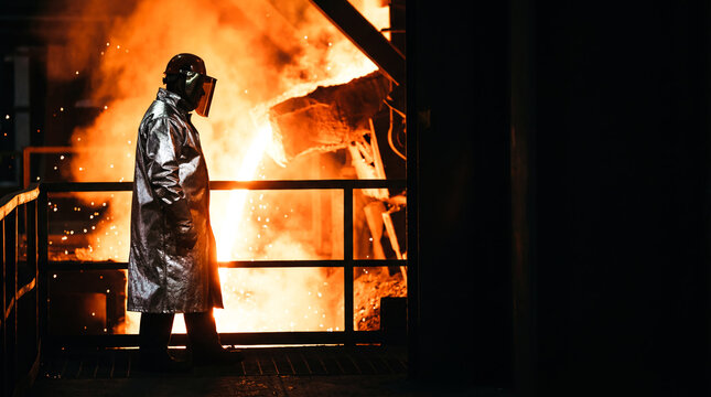 Steel mill worker near blast furnace molten metal heat industry foundry casting manufacturing metallurgy factory safety protection heavy labor fire glow hot orange iron production occupation extreme 