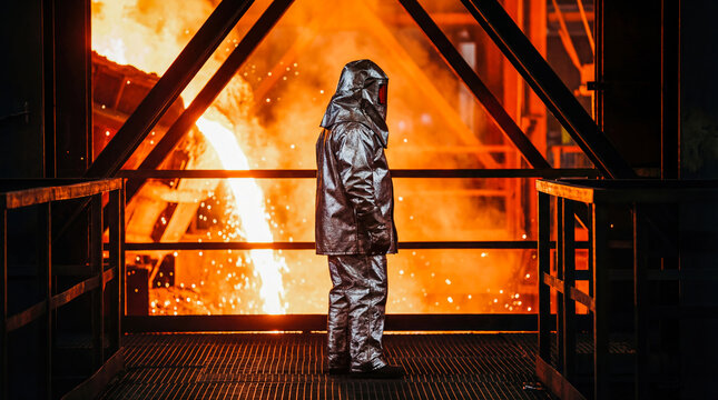 Steel mill worker near blast furnace molten metal heat industry foundry casting manufacturing metallurgy factory safety protection heavy labor fire glow hot orange iron production occupation extreme 