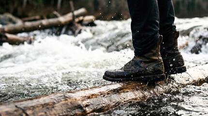 Log driver balancing on floating timber river water forestry industry wood harvest danger wet nature outdoor occupation male action balance heavy labor movement splash
