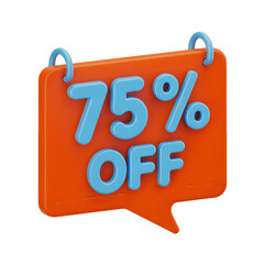 75 _ sale Off Banner 3d icon in cartoon plastic style minimal isolated on transparent white background, clipping path
