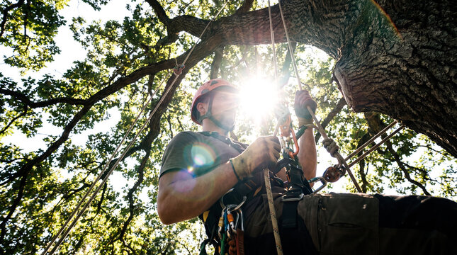 Arborist tree surgeon climbing high branch with rope saw garden maintenance danger height nature service safety helmet occupation male green leaves sky view