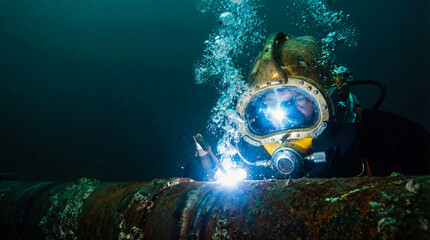 Commercial diver underwater welding pipeline ocean construction repair industry helmet bubbles danger occupation marine professional heavy labor metal dark water spark equipment