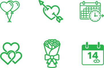 Green Valentines Day Icon Set Representing Romance and Celebration with Heart Balloons Arrow Calendar Bouquet and Heart Calendar Symbolizing Love and Romance for Special Occasions
