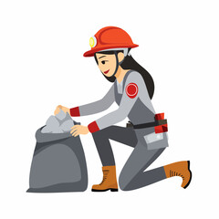 Female miner kneeling and filling a sack with rocks in a mine, showcasing the hard work and dedication of women in the mining industry.