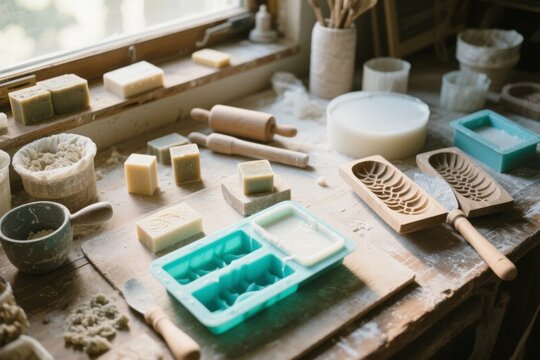 Handmade soap crafting setup with molds, tools, and ingredients on a wooden workbench near a window