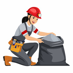 Smiling female miner kneeling and filling a large black bag with silver ore in a dimly lit mine, showcasing hard work and resourcefulness.